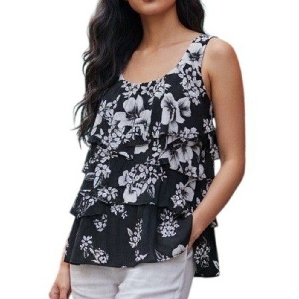 WHITE HOUSE BLACK MARKET  Black White Floral Tiered Ruffle Trim‎ Tank Top EUC S